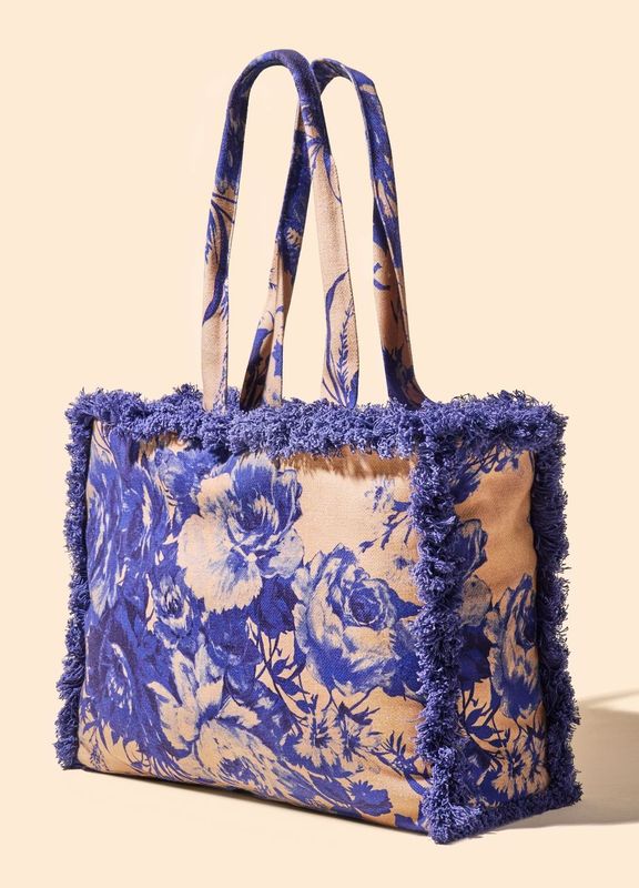 CHINA BLUE BLOOMS FRINGED BOX TOTE BAG