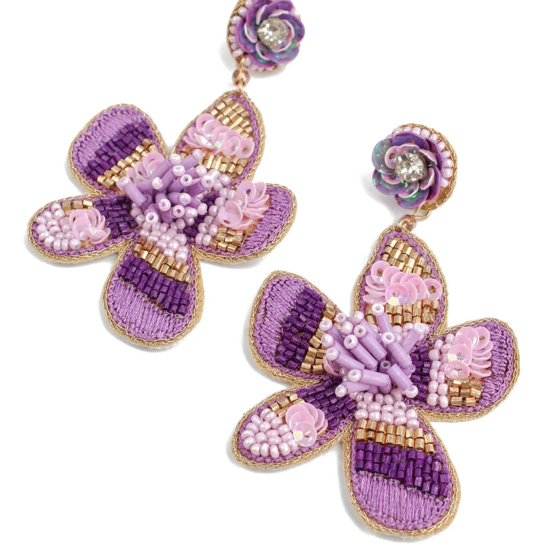 PURPLE FLOWER BEADED EARRINGS