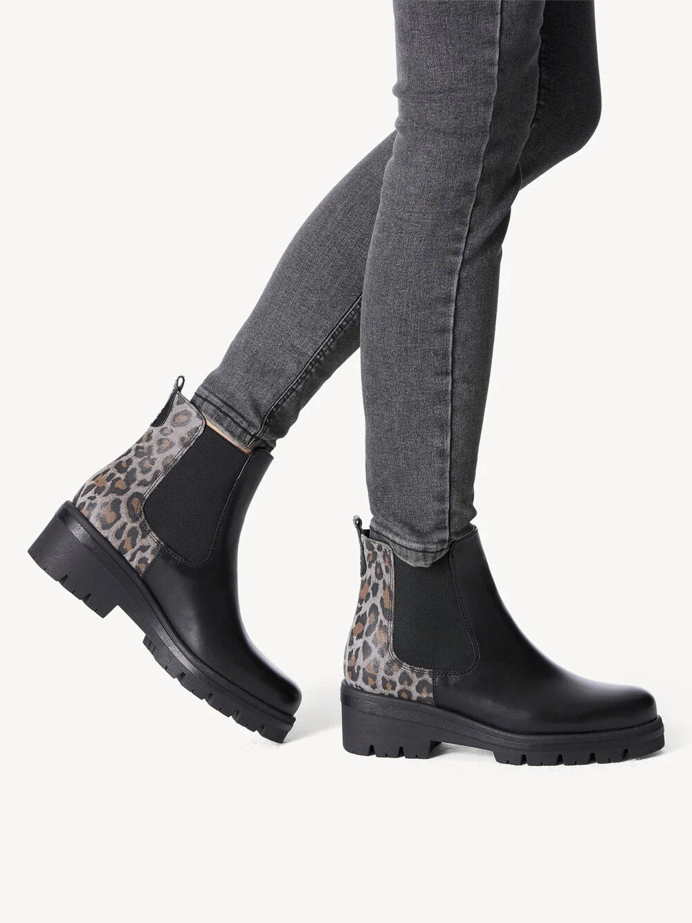 BLACK LEATHER LEOPARD ANKLE BOOT