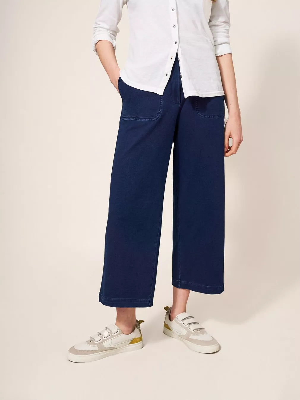 BELLE DARK DENIM JERSEY WIDE LEG CROP TROUSER