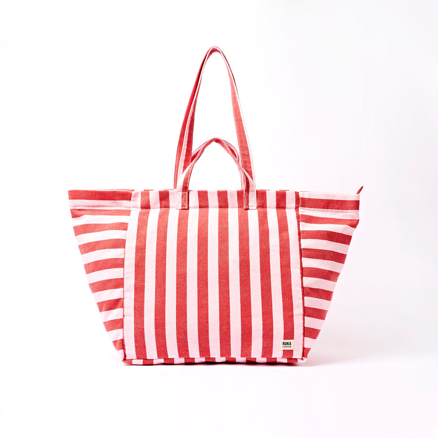 Marylebone Large Tote Bag in Strawberry Stripe Cotton Canvas - Large - ROKA London