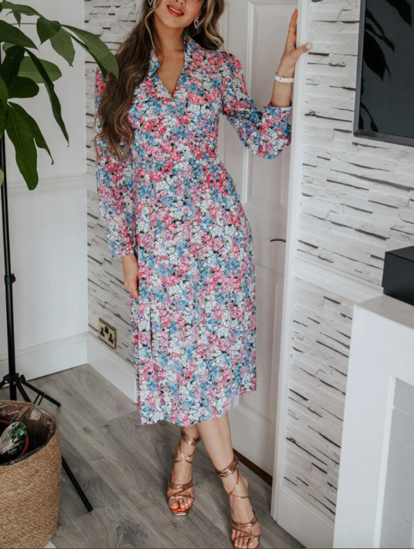ROSE COLLAR DETAIL WRAP MIDI DRESS