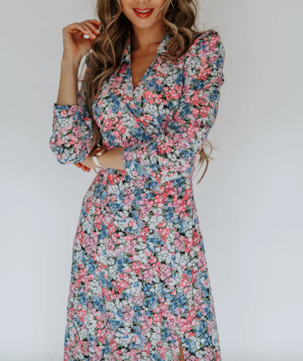 ROSE COLLAR DETAIL WRAP MIDI DRESS
