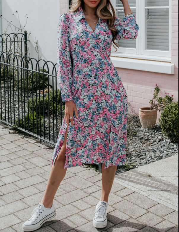 ROSE COLLAR DETAIL WRAP MIDI DRESS