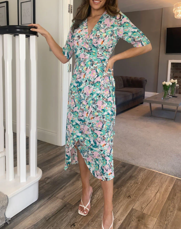 GREEN FLORAL WRAP RUCHED SKIRT DRESS