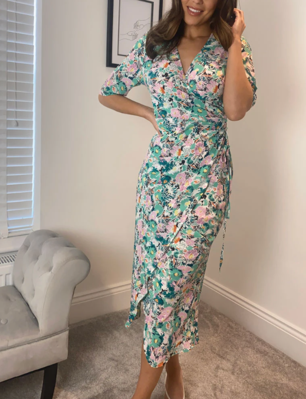 GREEN FLORAL WRAP RUCHED SKIRT DRESS