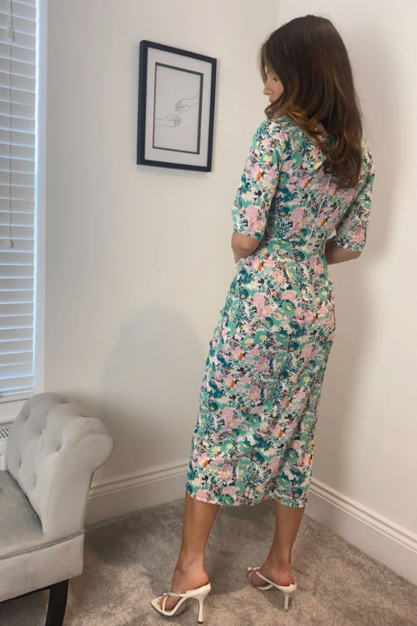 GREEN FLORAL WRAP RUCHED SKIRT DRESS