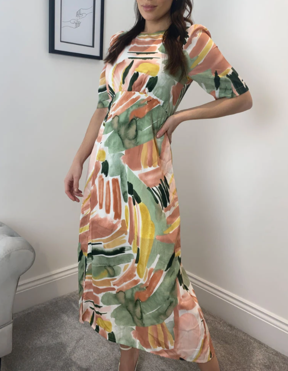 PEACH ABSTRACT FRONT SPLIT MIDI DRESS