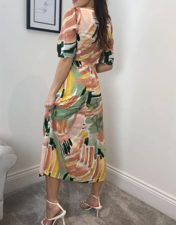 PEACH ABSTRACT FRONT SPLIT MIDI DRESS