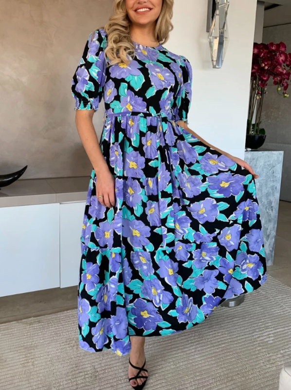 PURPLE FLORAL PUFF SLEEVE TIERED MIDI DRESS