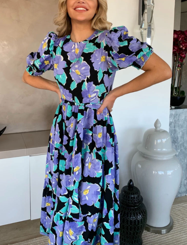 PURPLE FLORAL PUFF SLEEVE TIERED MIDI DRESS