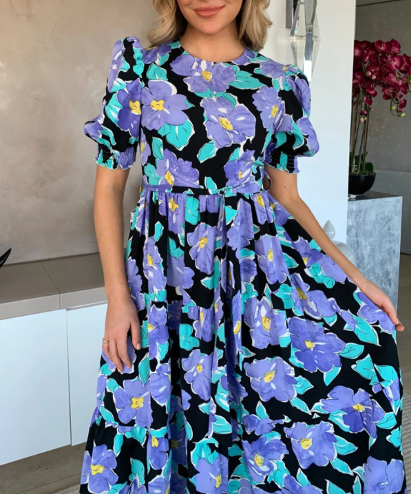 PURPLE FLORAL PUFF SLEEVE TIERED MIDI DRESS