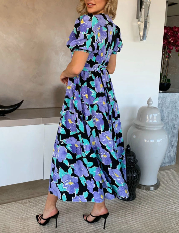 PURPLE FLORAL PUFF SLEEVE TIERED MIDI DRESS