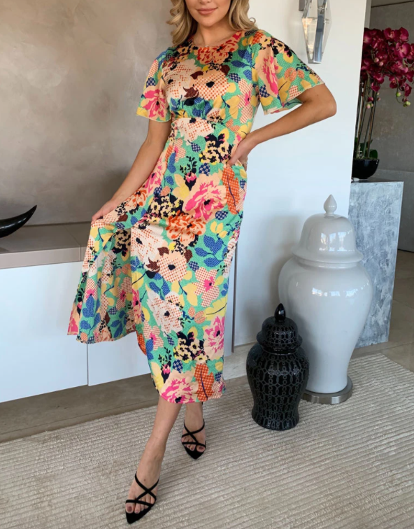 GREEN FLORAL PATCHWORK SPLIT LEG DRESS