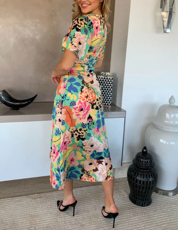 GREEN FLORAL PATCHWORK SPLIT LEG DRESS