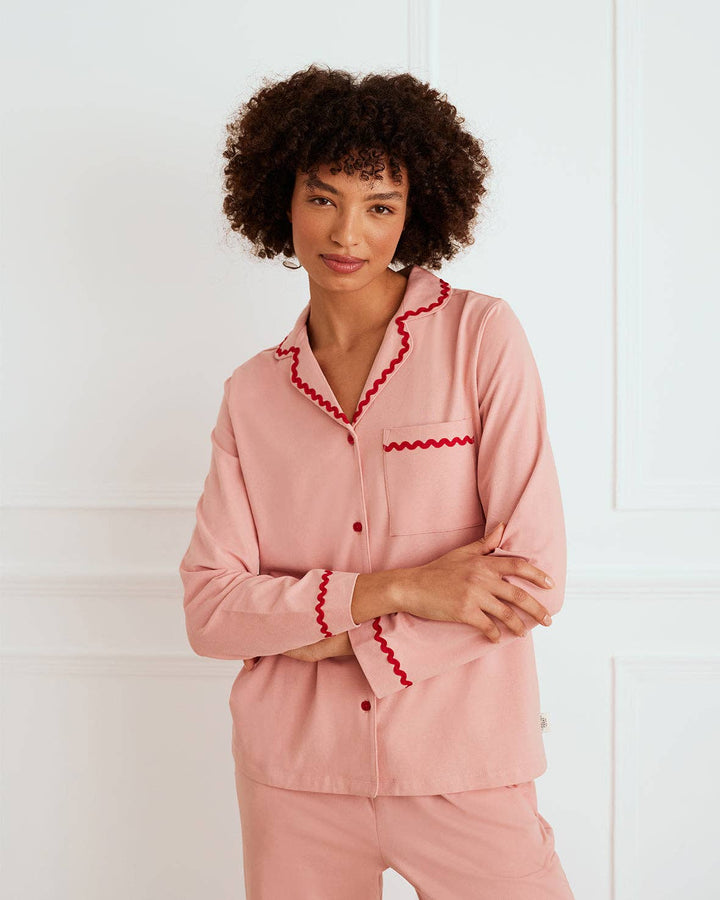 Organic Cotton Embroidered Back Good Morning Long Pyjama Set: Pink / UK 10