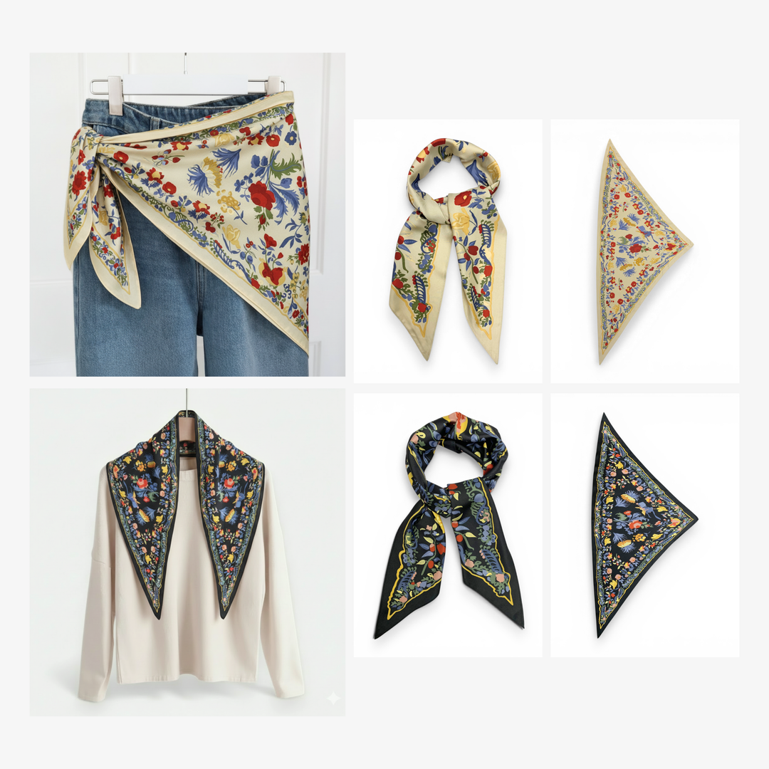 Triangle Silky Flower Scarf: Black