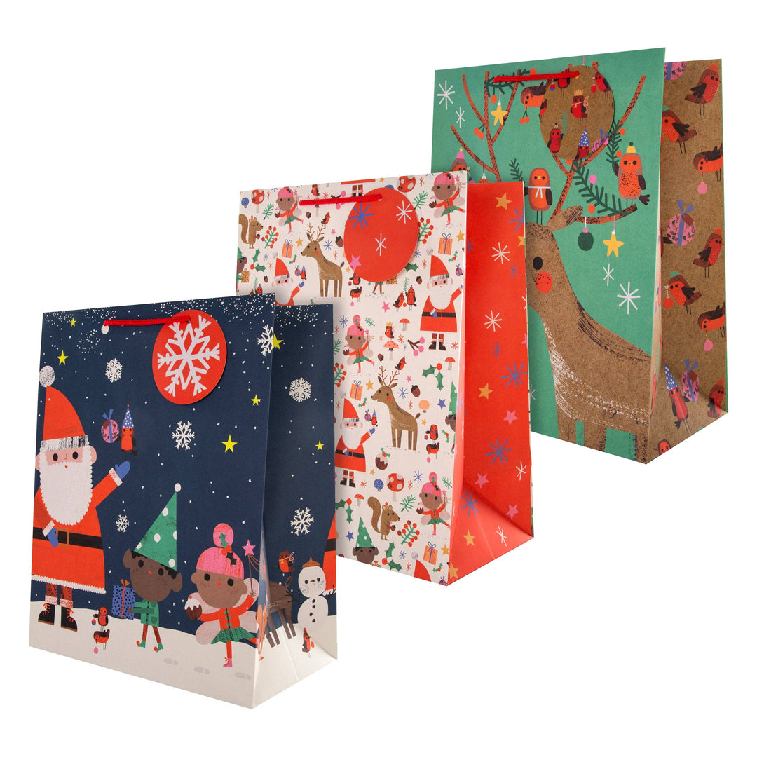 Christmas Gift Bags Pack of 3 in 3 Festive Santa & Reindeer