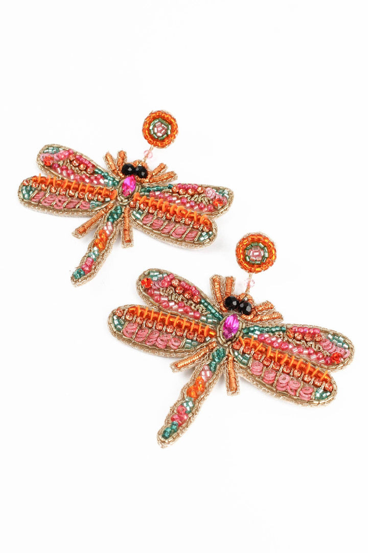 BEADED PINK DRAGONFLY EARRING
