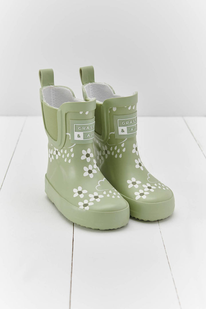Spring Green Floral Short Colour-Changing Kids Wellies: UK4