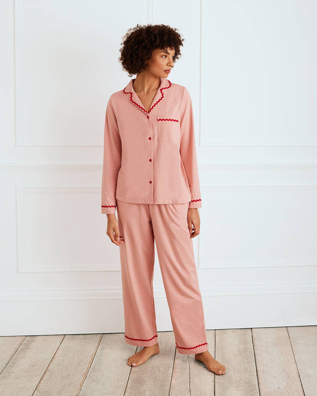 Organic Cotton Embroidered Back Good Morning Long Pyjama Set: Pink / UK 8