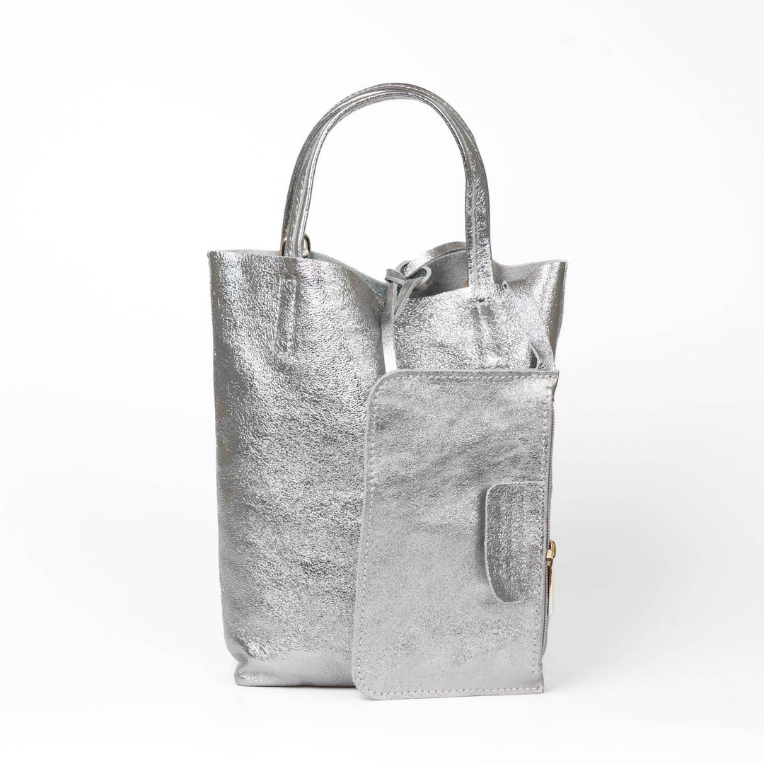 Verona Italian Leather Small Tote Bag - Pewter, Metallic: One-size