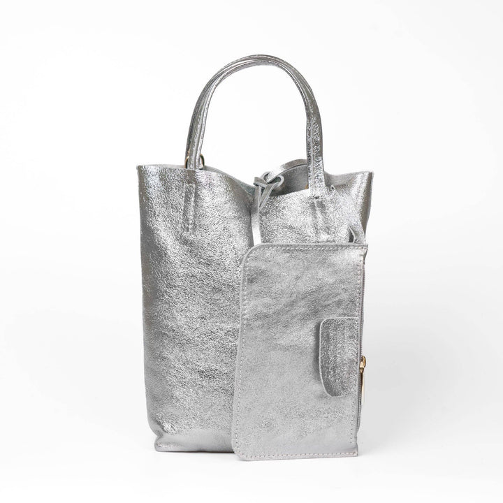 Verona Italian Leather Small Tote Bag - Pewter, Metallic: One-size
