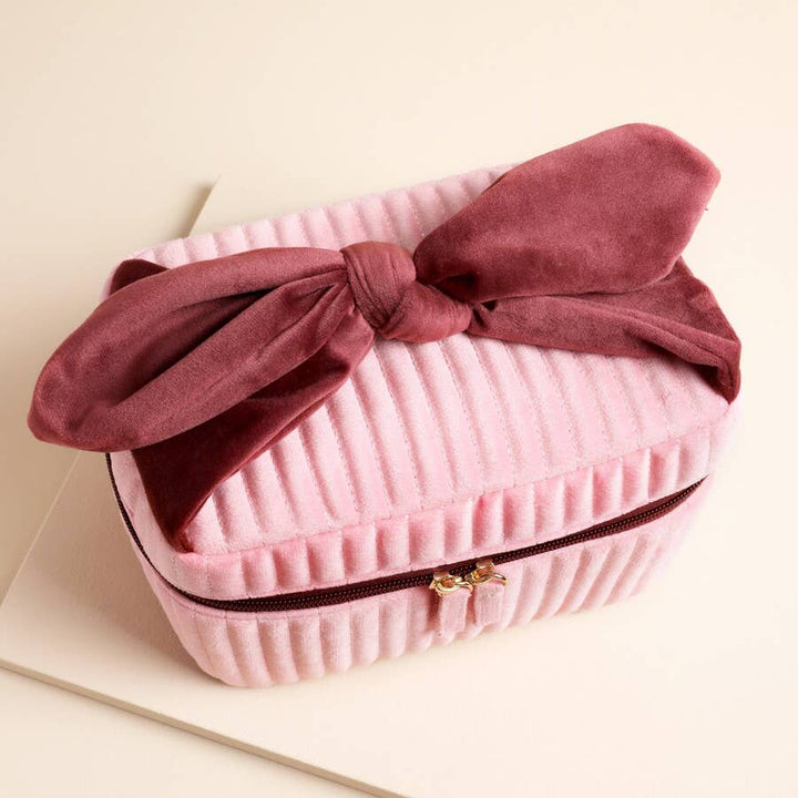Pale Pink and Red Velvet Bow Vanity Makeup Bag