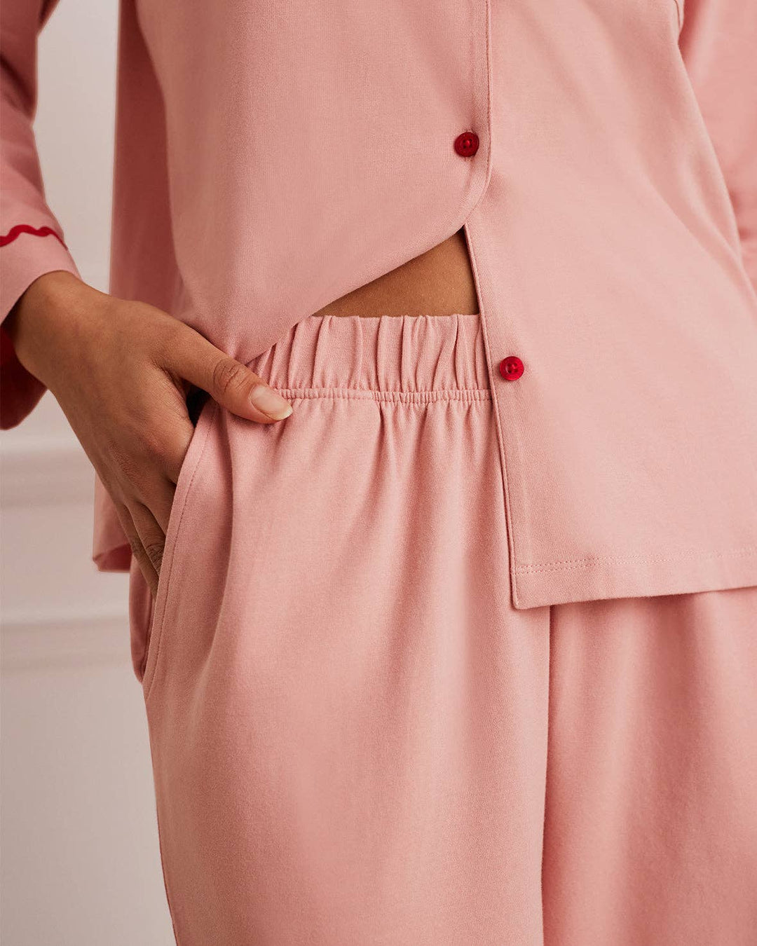 Organic Cotton Embroidered Back Good Morning Long Pyjama Set: Pink / UK 14