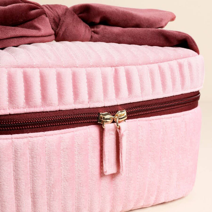 Pale Pink and Red Velvet Bow Vanity Makeup Bag