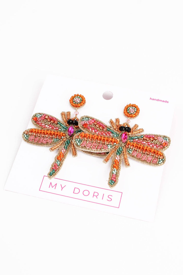 BEADED PINK DRAGONFLY EARRING