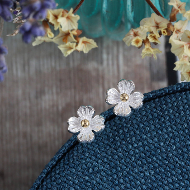 Just Bloom Four Petal Blossom Silver Flower Gold Dot