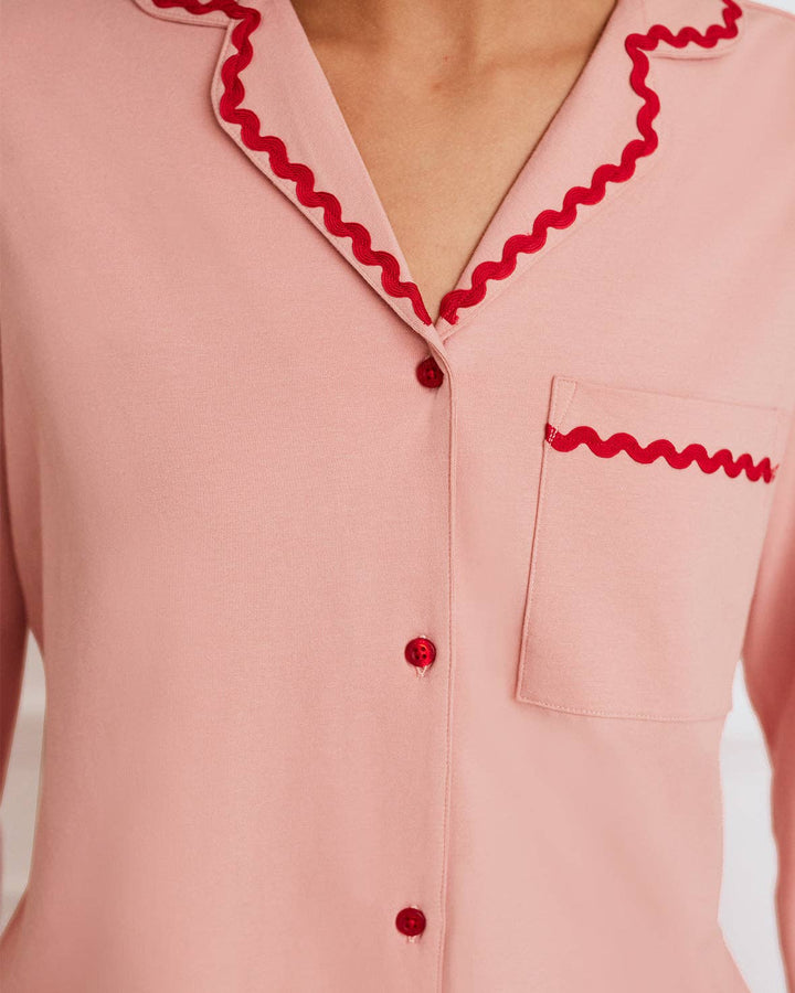 Organic Cotton Embroidered Back Good Morning Long Pyjama Set: Pink / UK 8