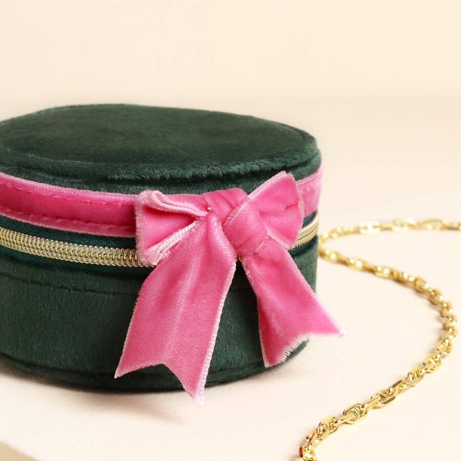 Green and Pink Velvet Bow Mini Round Jewellery Case