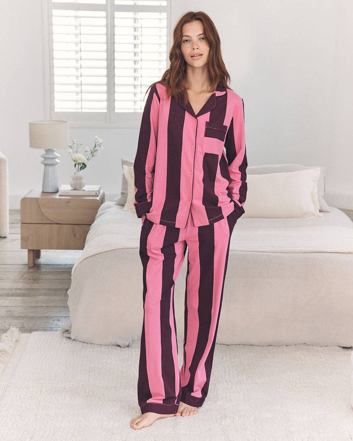 Organic Cotton Stripe Long Pyjama Set - Pink: UK 8