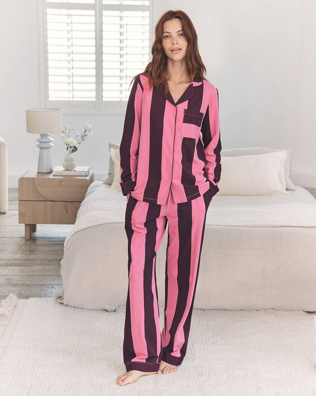 Organic Cotton Stripe Long Pyjama Set - Pink: UK 6
