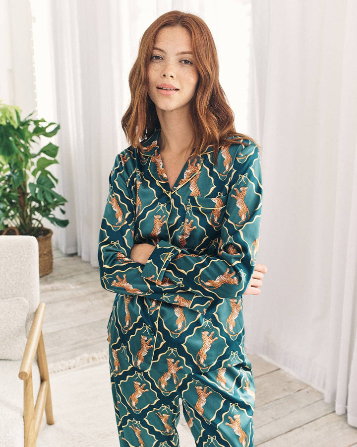 Satin Gilded Tiger Print Long Pyjama Set: UK 10