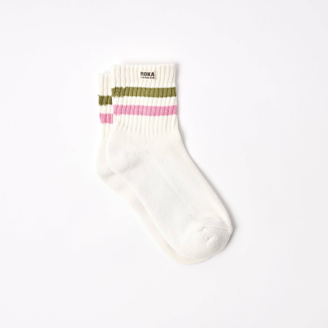 Windsor Stripe Crew Socks for Women in Avocado/Pink Carnation: UK 3-8 | EU 36-42