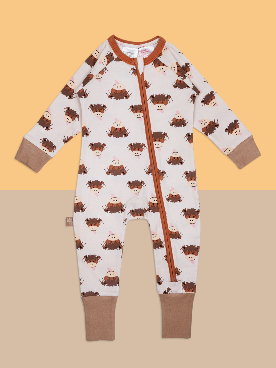 Neutral Hamish Highland Cow Zip-Up Romper: 0-3 Months