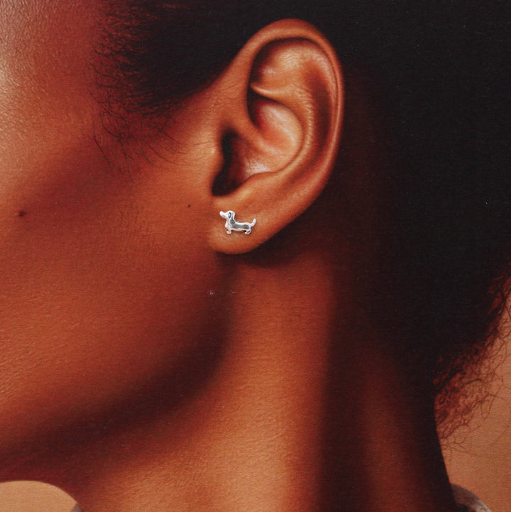 XT014 Dog walker Silver Sausage Dog Earrings