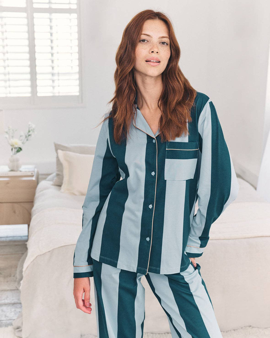 Organic Cotton Stripe Long Pyjama Set - Blue: UK 14