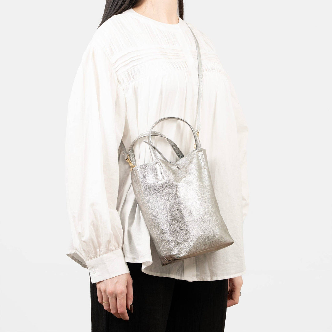 Verona Italian Leather Small Tote Bag - Pewter, Metallic: One-size