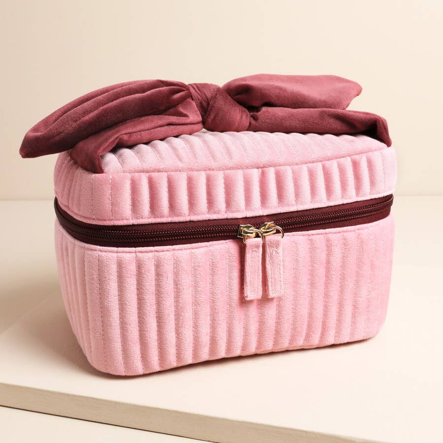 Pale Pink and Red Velvet Bow Vanity Makeup Bag