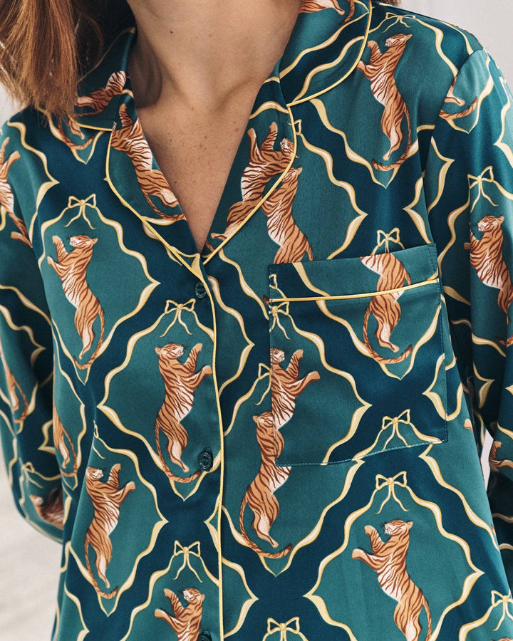 Satin Gilded Tiger Print Long Pyjama Set: UK 8