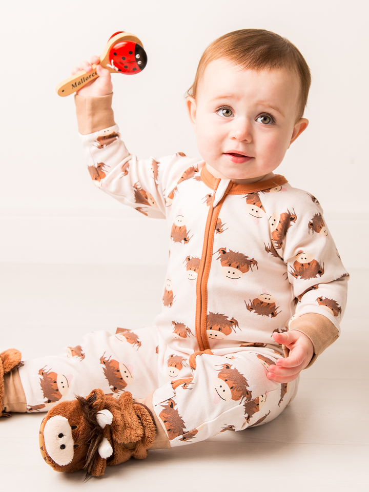 Neutral Hamish Highland Cow Zip-Up Romper: 3-6 Months