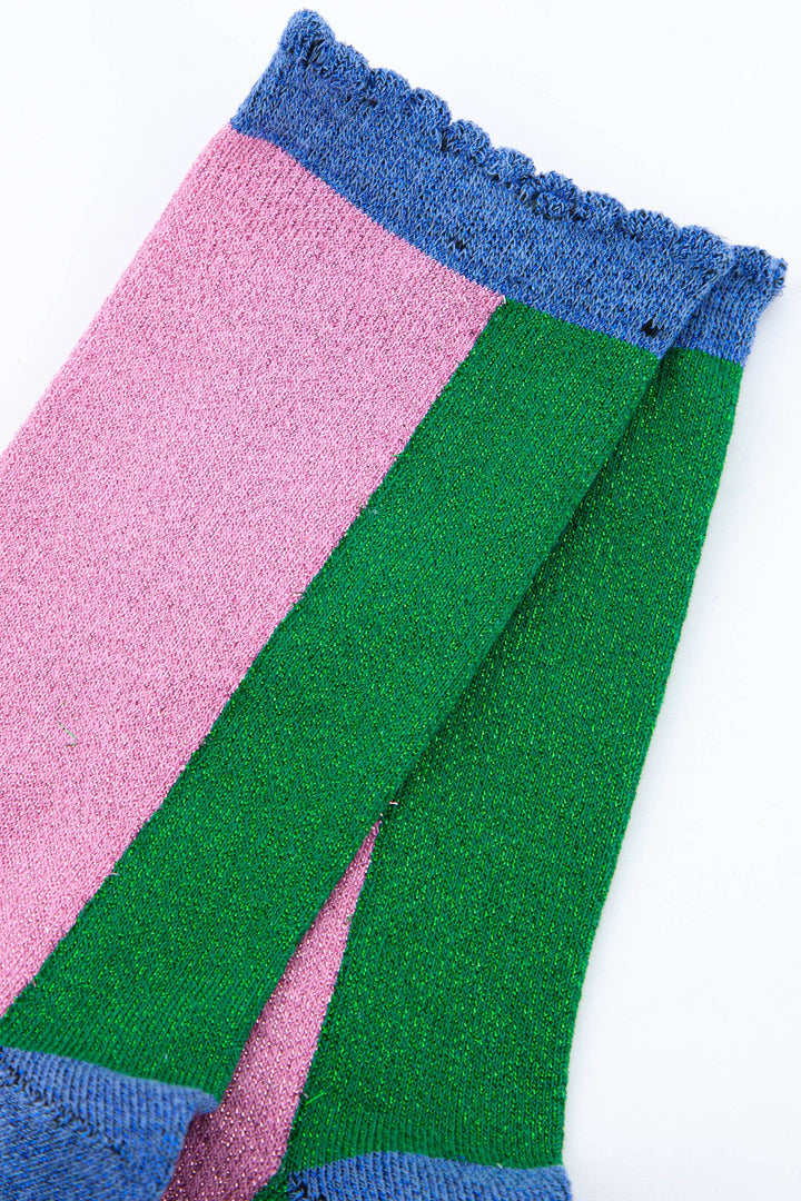 Women's Cotton Glitter Socks Colour Block in Green & Pink: UK 3-7 | EU 36-40