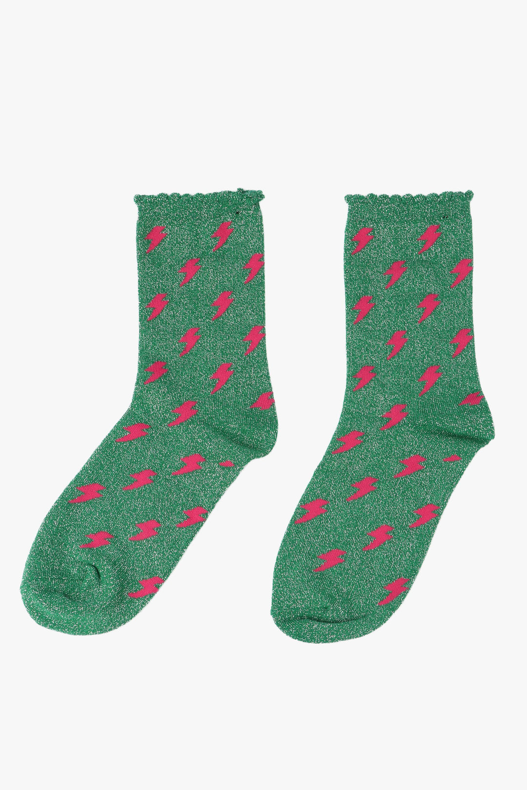 Green Pink Lightning Glitter Socks with a Scalloped Cuff: UK 3-7 | EU 36-40 | US 5-9