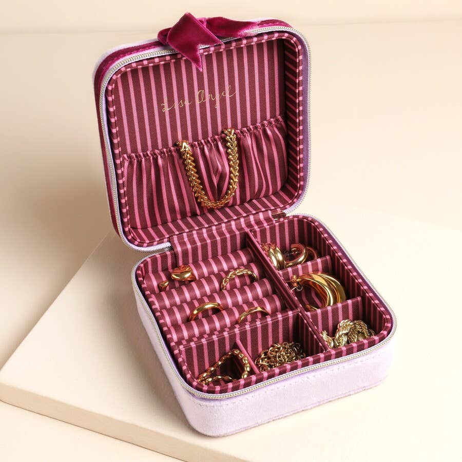 Pink and Burgundy Velvet Bow Square Travel Jewellery Case