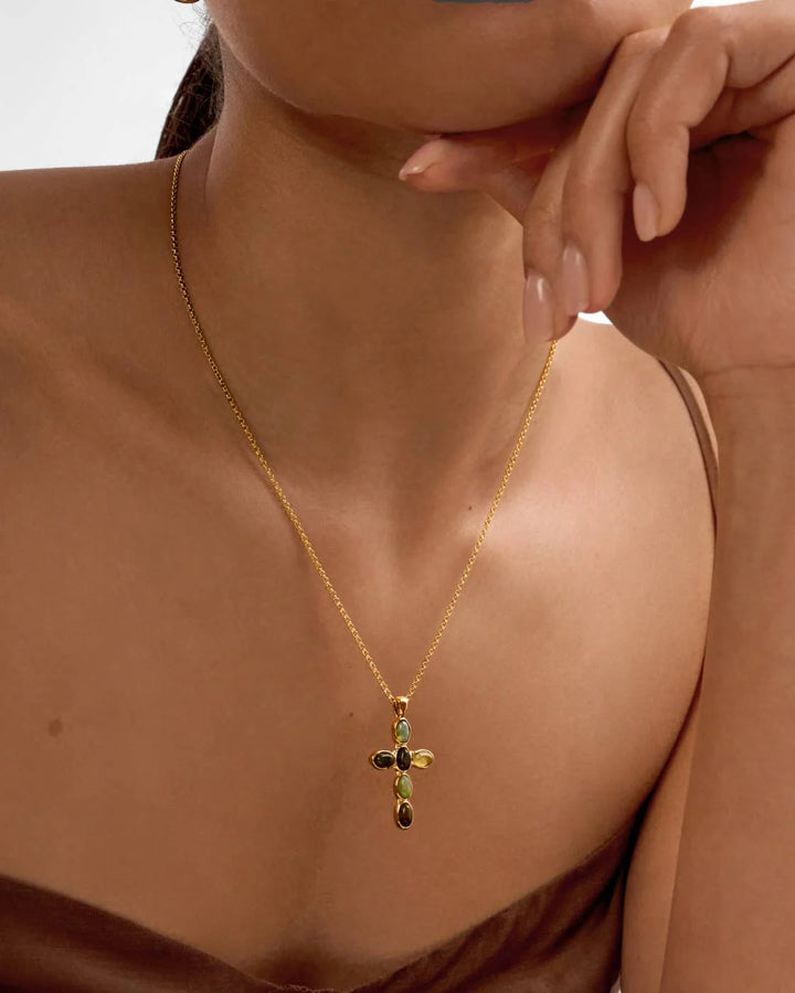 Green Agate Cross Necklace | Gold Coated | 45cm + 5cm extender