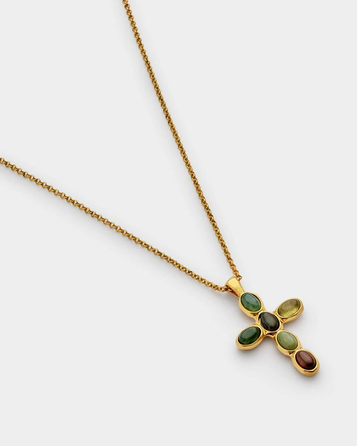 Green Agate Cross Necklace | Gold Coated | 45cm + 5cm extender